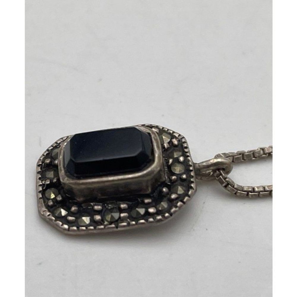 Sterling Rectangular Black Onyx & Marcasite Penda… - image 1
